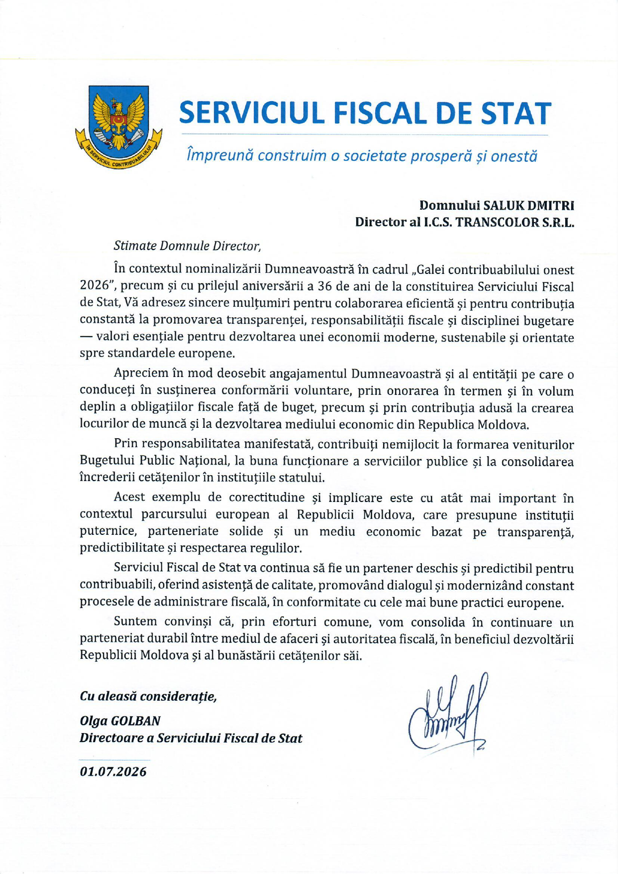 Scrisoare de mulțumire din partea Serviciului Fiscal de Stat pentru ICS TRANSCOLOR S.R.L.